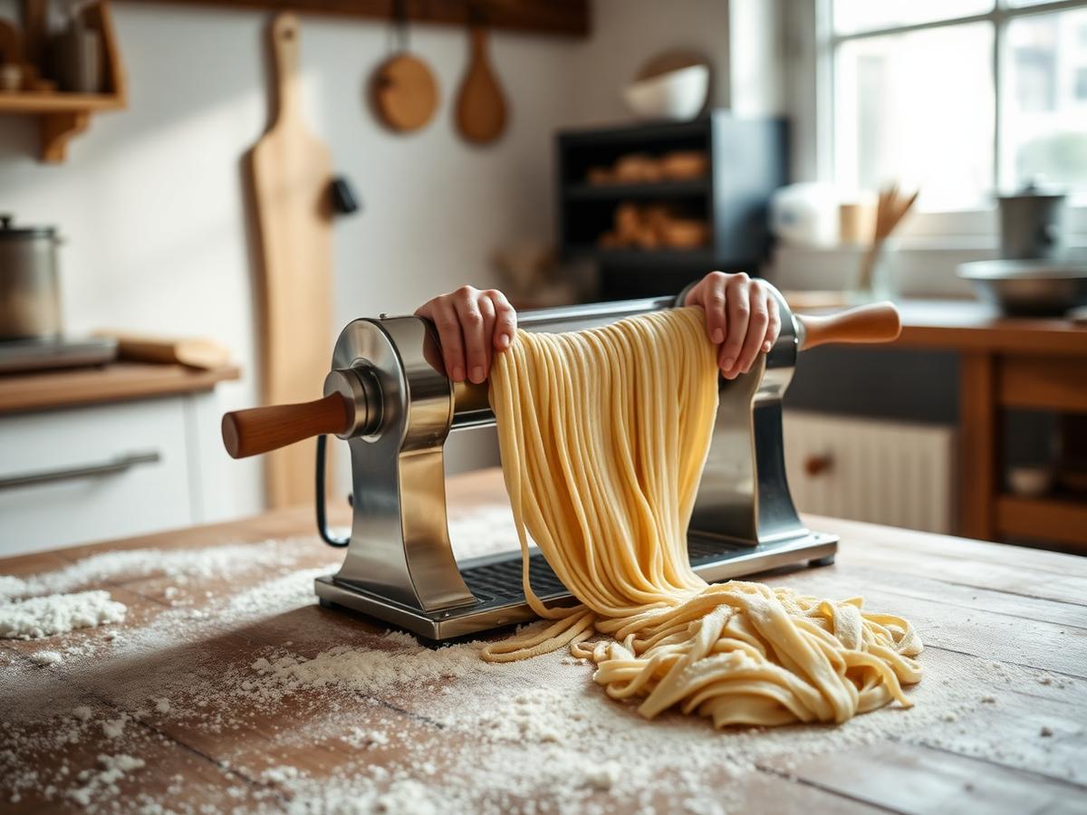 A pasta maker running fresh dough through a pasta machine
